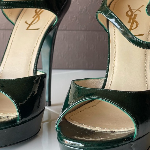 SOLD !!!YVES SAINT LAURENT BOTTLE GREEN PLATFORM STRAPPY HEELS SIZE 7.5 - Picture 2 of 6